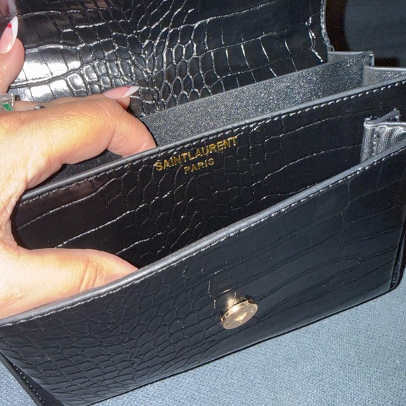 Saint Laurent Black Croc-Embossed Crossbody Bag with Gold Chain - Picture 9 of 11
